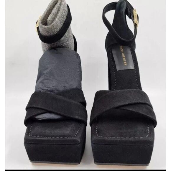 Good American Platform Block Heel Black Suede Ankle Strap Chunky Sandal 10.5 NEW - Picture 9 of 12